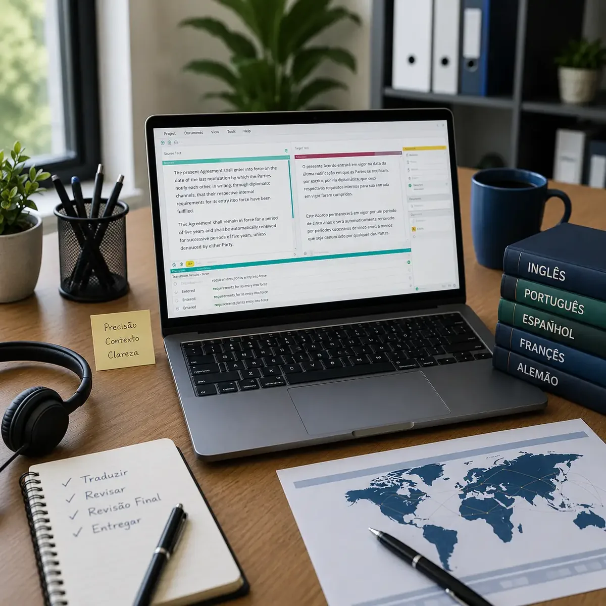 Notebook com texto em inglês e português lado a lado, livros de idiomas e lista Traduzir, Revisar, Entregar na mesa