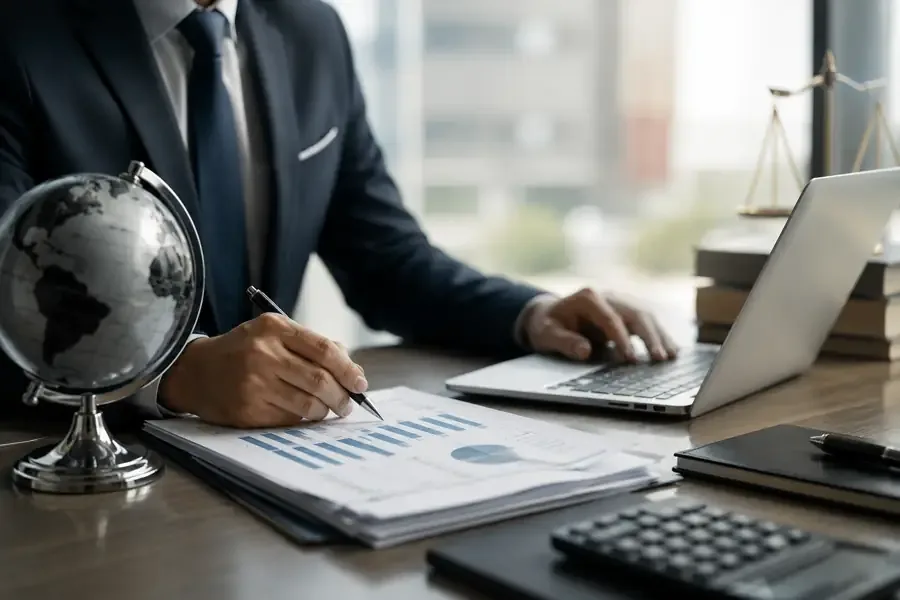 Executivo de terno analisando gráficos financeiros impressos, com globo, notebook e calculadora sobre a mesa