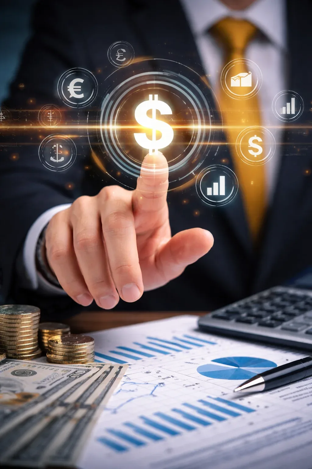 Mão tocando símbolo de dólar holográfico sobre moedas, notas, gráficos e calculadora