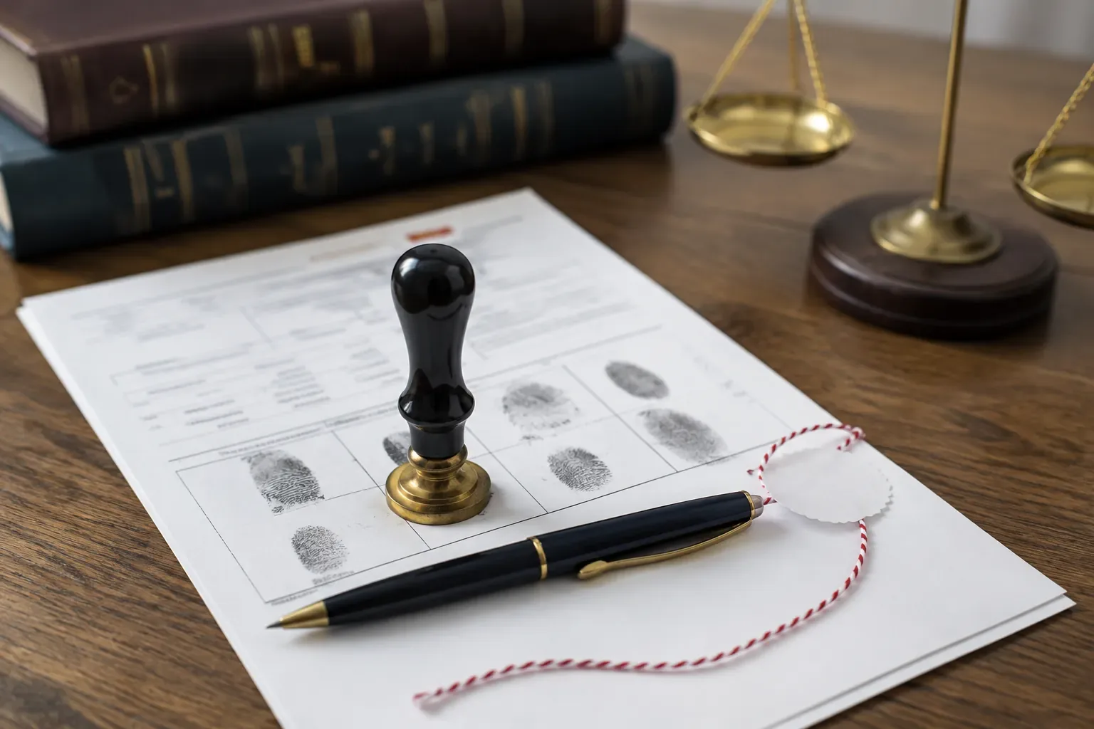 Formulário com impressões digitais, carimbo, caneta e balança da justiça sobre a mesa, para antecedentes criminais