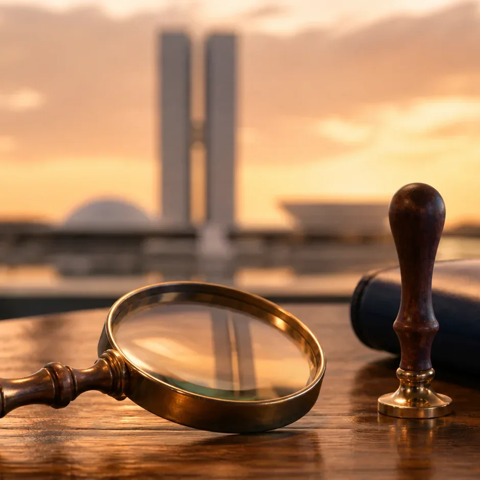 Lupa e carimbo de madeira sobre mesa com o Congresso Nacional em Brasília ao pôr do sol