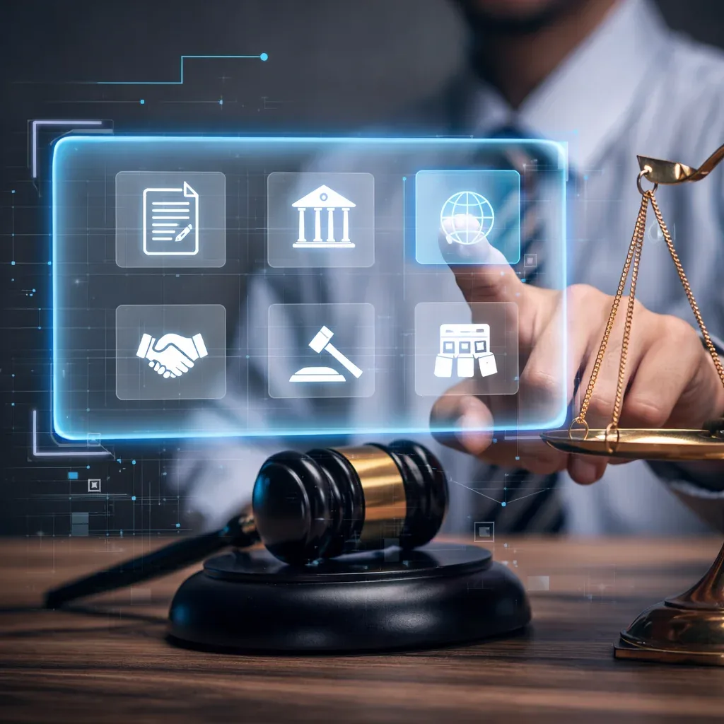 Painel holográfico com ícones jurídicos, martelo de juiz e balança da justiça sobre a mesa