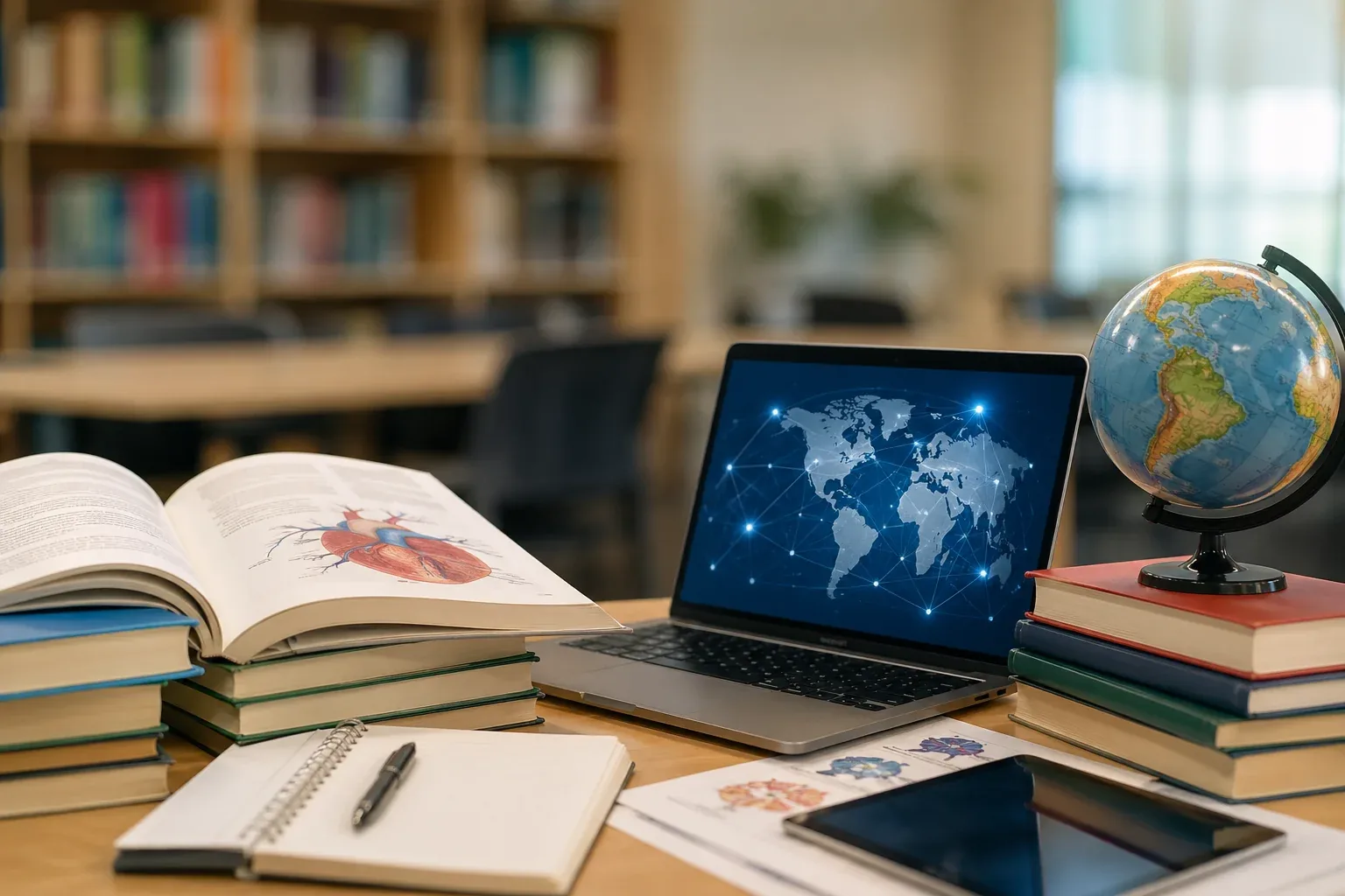 Mesa de biblioteca com livros didáticos, atlas de anatomia, globo terrestre e notebook exibindo um mapa-múndi digital