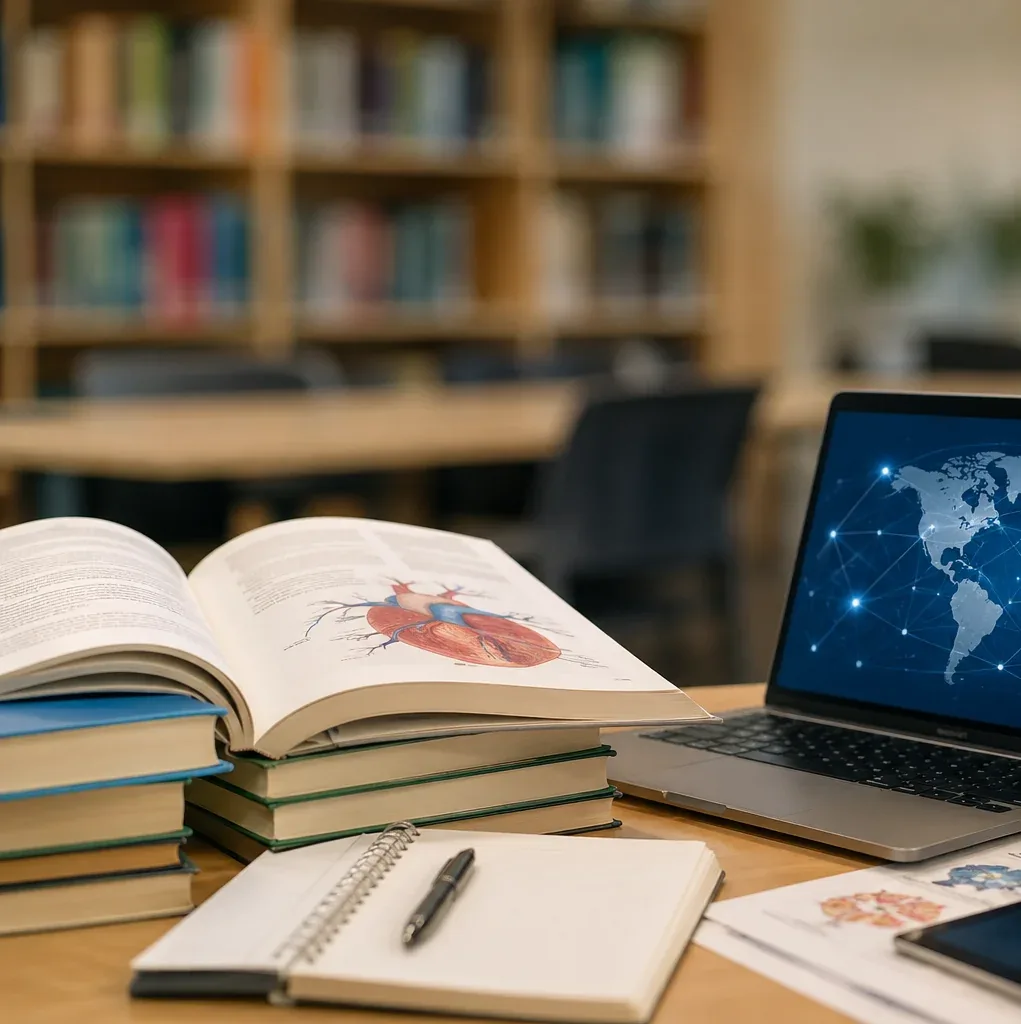 Livros didáticos de anatomia, caderno e notebook com mapa-múndi em uma biblioteca universitária