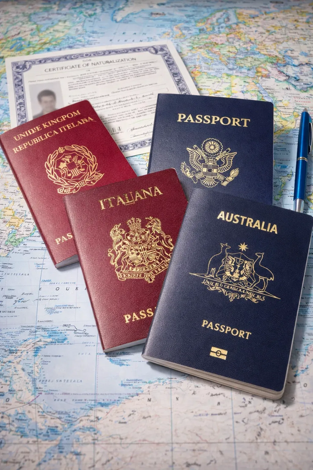 Passaportes de vários países sobre mapa-múndi com certificado de naturalização