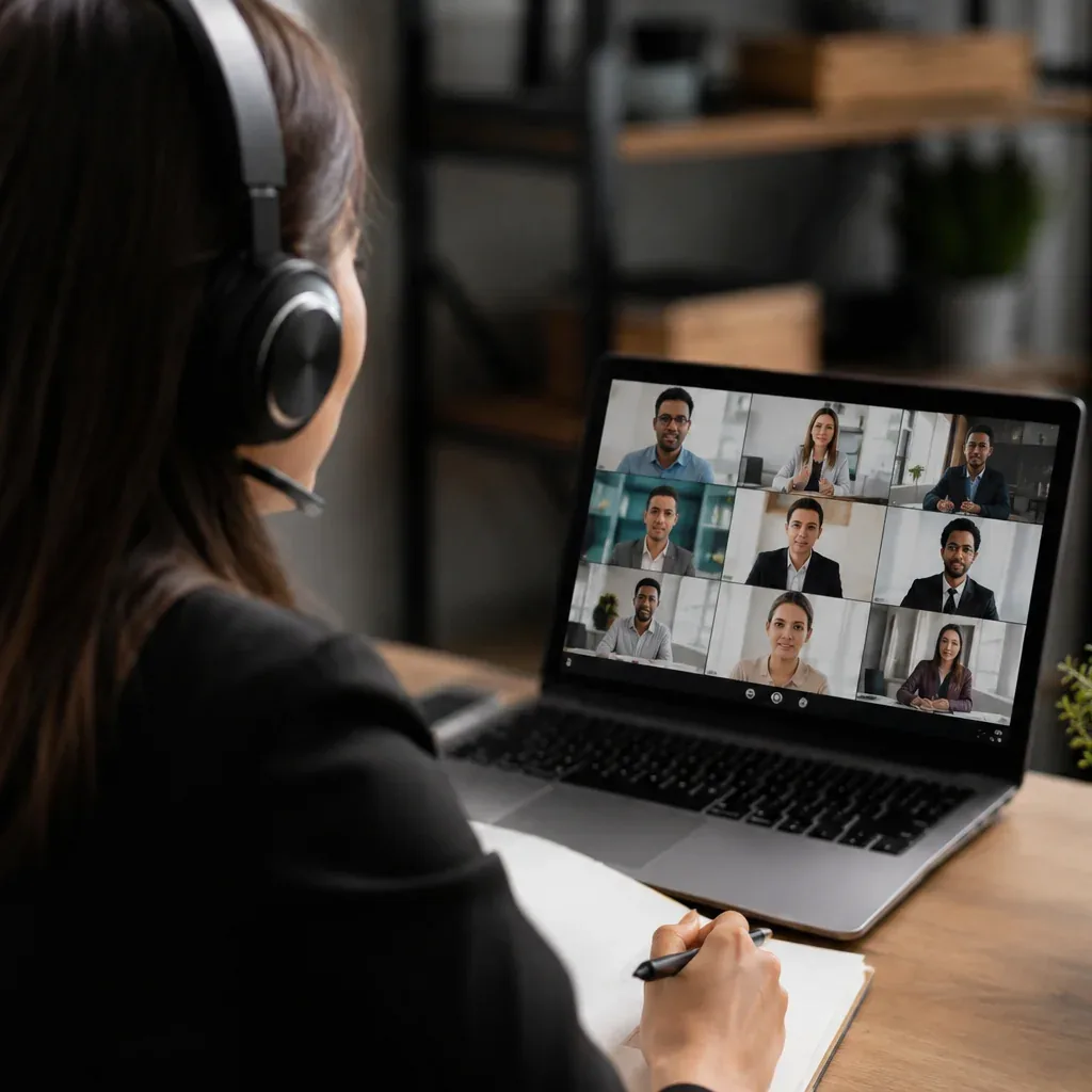 Intérprete de headset anotando enquanto acompanha videoconferência com vários participantes no notebook