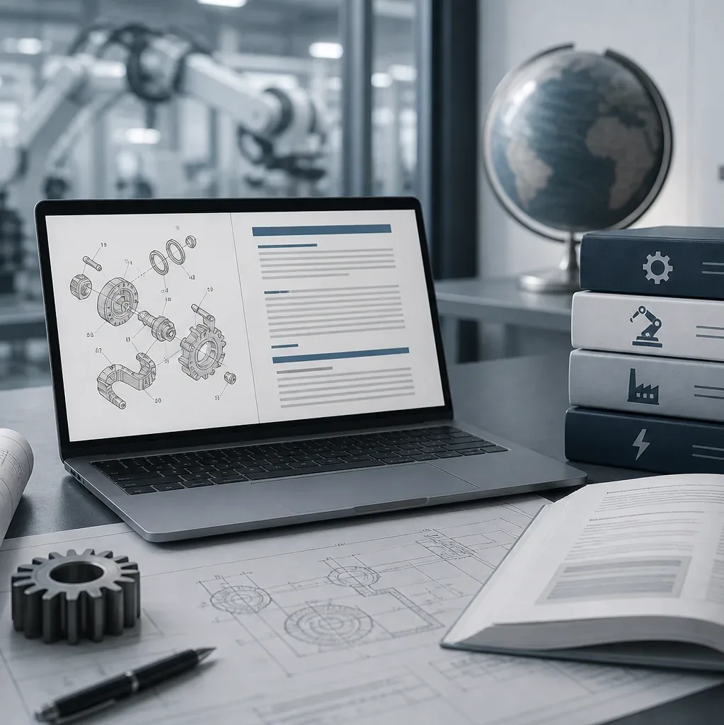 Notebook com manual técnico e desenho de engrenagens ao lado de livros, globo e projeto, tradução técnica industrial