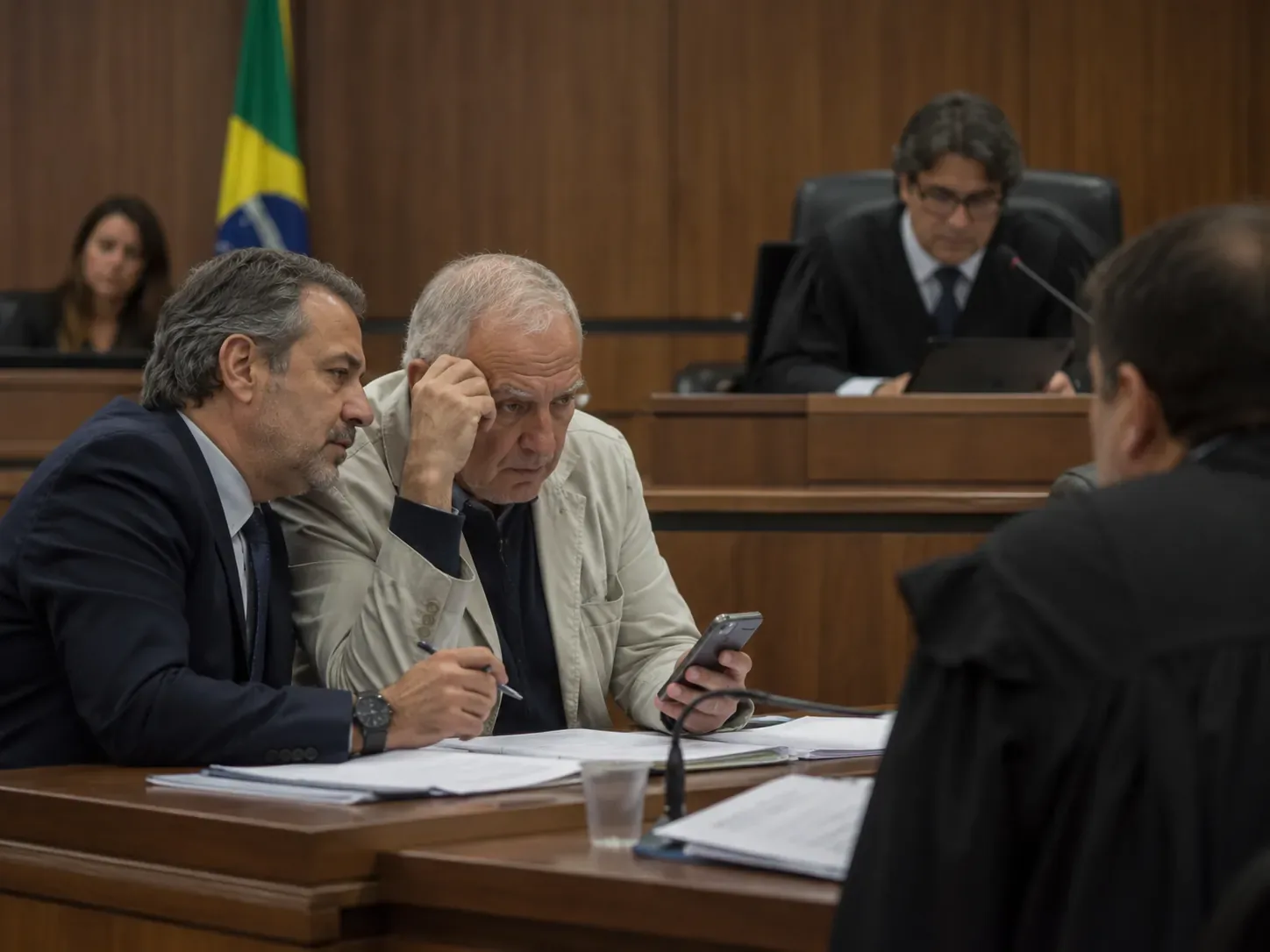 Tradutor ao lado de dois cidadãos italianos em audiência num tribunal brasileiro, com juiz ao fundo