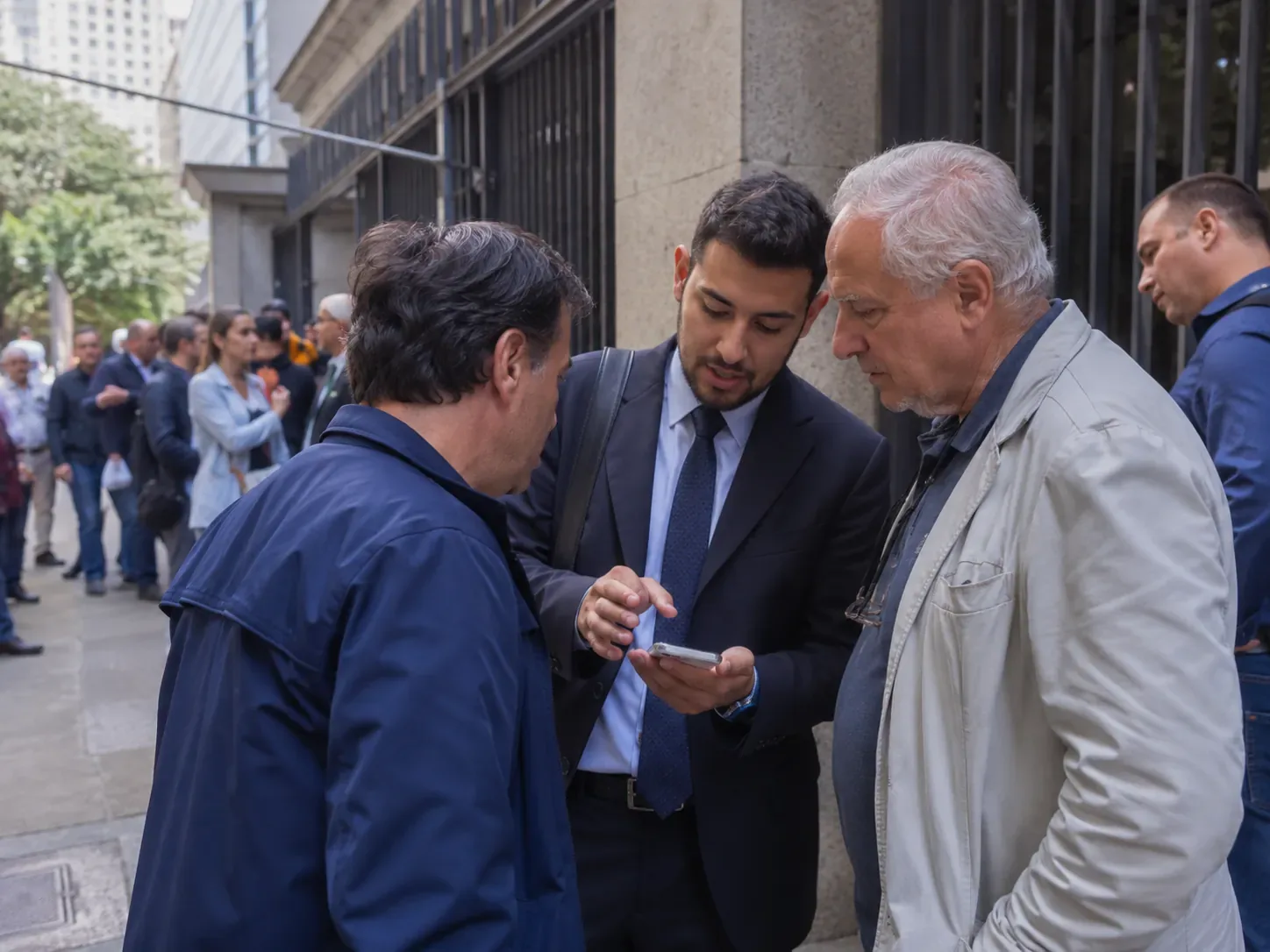 Tradutor de terno mostra o celular a dois cidadãos italianos em frente a um consulado em São Paulo