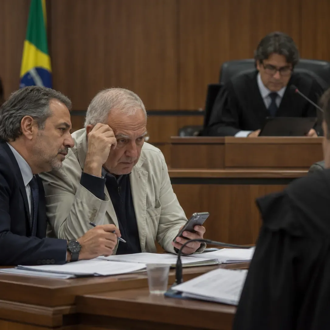 Dois homens em audiência num tribunal brasileiro, com juiz ao fundo e bandeira do Brasil, acompanhados por tradutor