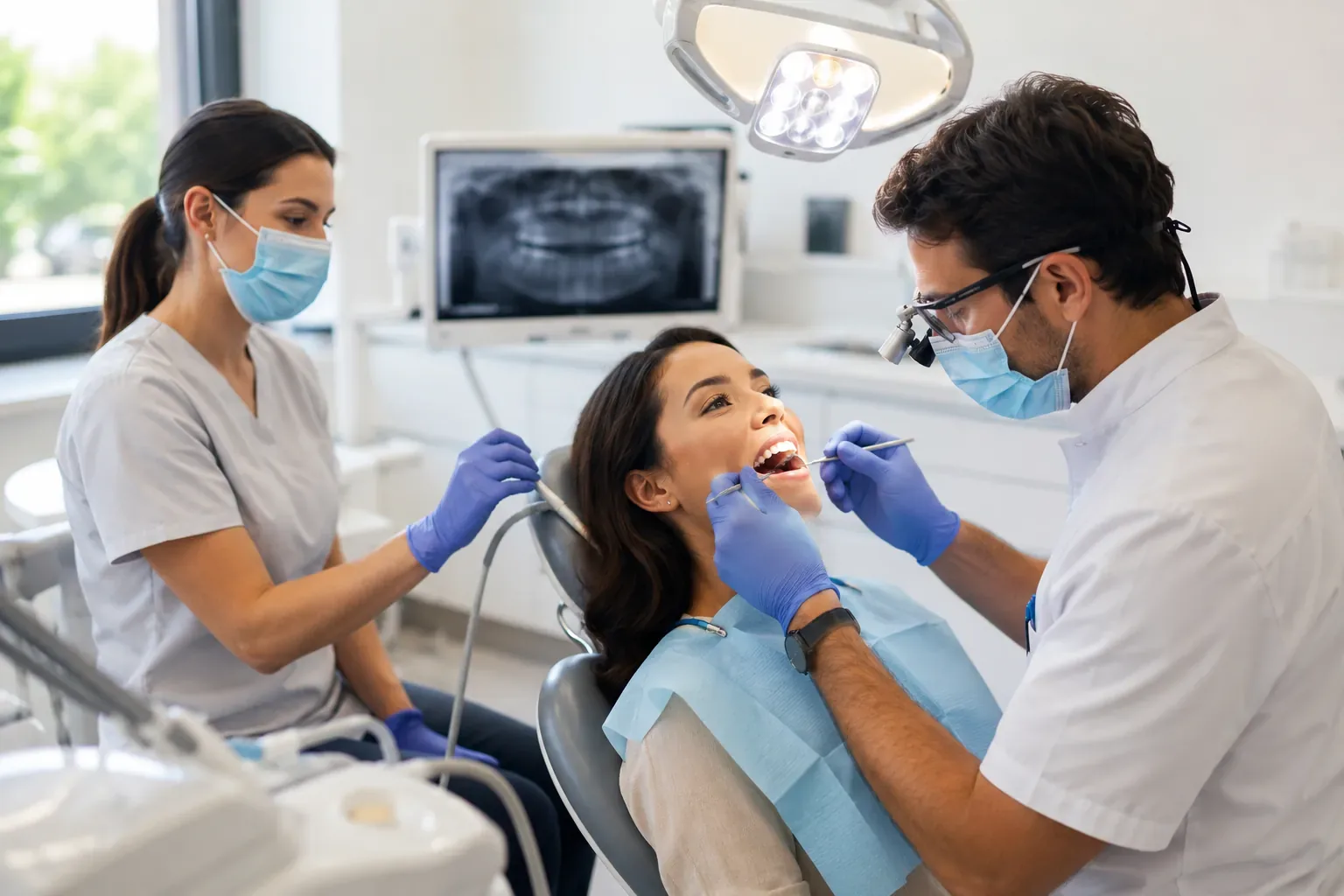 Dentista e assistente atendendo paciente em consultório, com radiografia na tela, cena de turismo médico odontológico