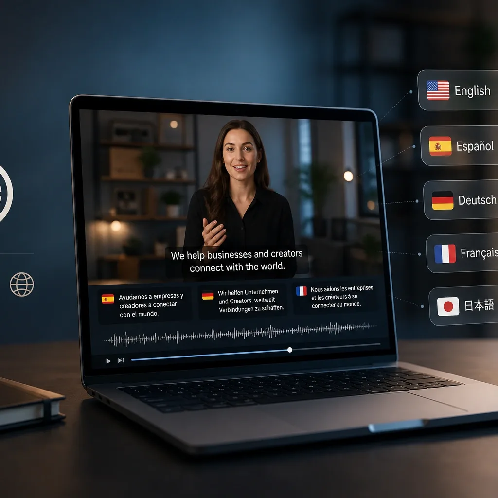 Notebook exibindo vídeo com legendas em espanhol, alemão e francês e botões de idiomas ao lado